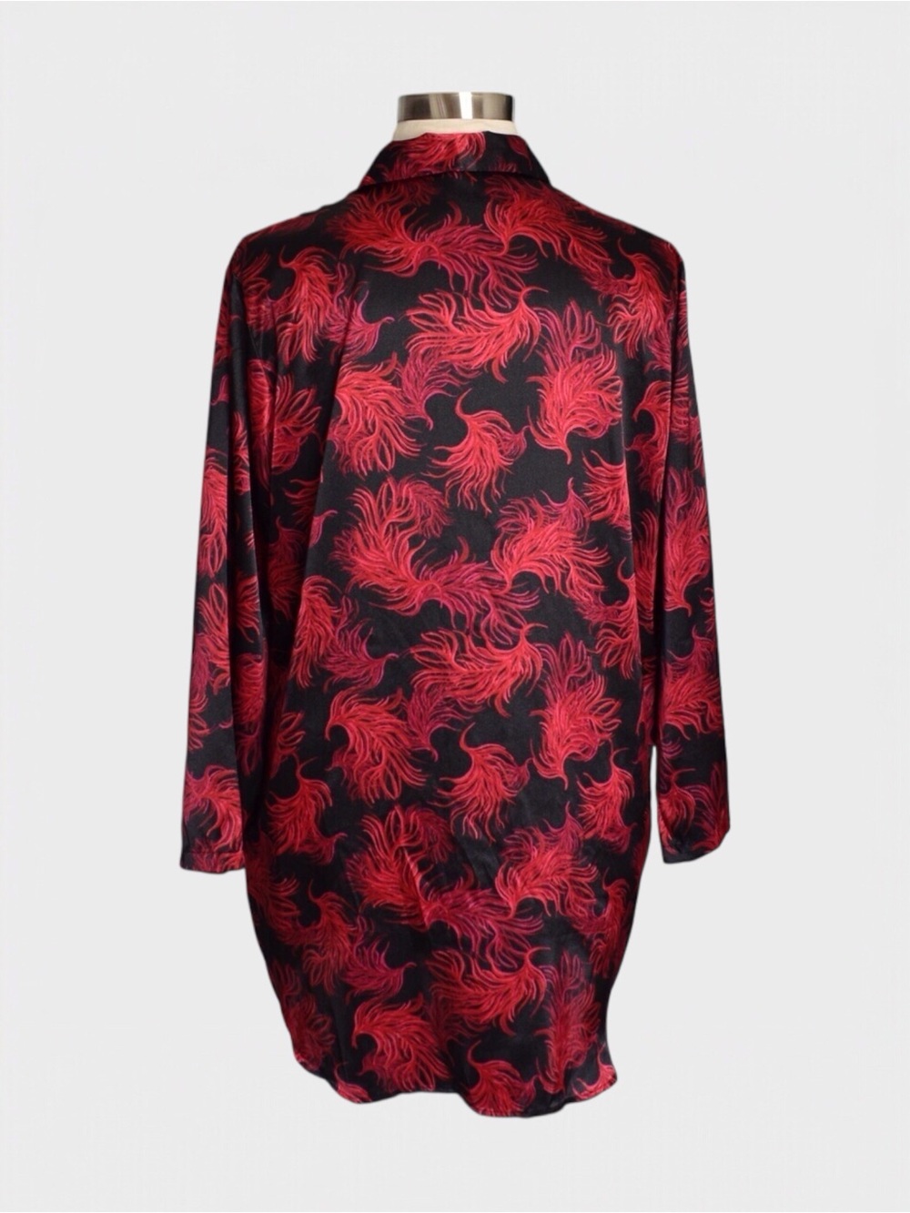 Cacique Satin Feather Print Button Front Sleep Shirt - Picture 3 of 5